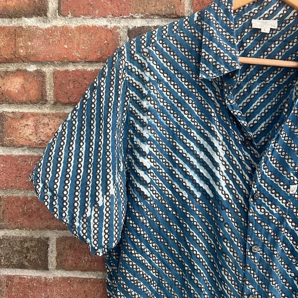 Anokhi Blue Indian resist geometric stripe Men's size L Shirt - Picture 5 of 7